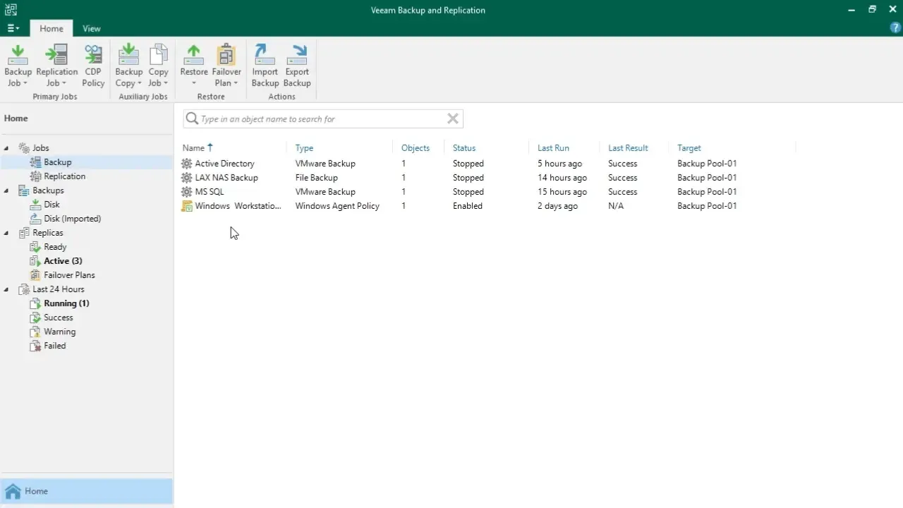 Novo assistente de job de backup